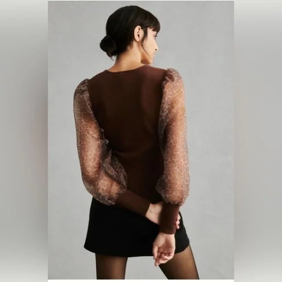 Anthropologie DOLAN Puff-Sleeve Sweater in Brown Motif Leopard NWT - Picture 2 of 6